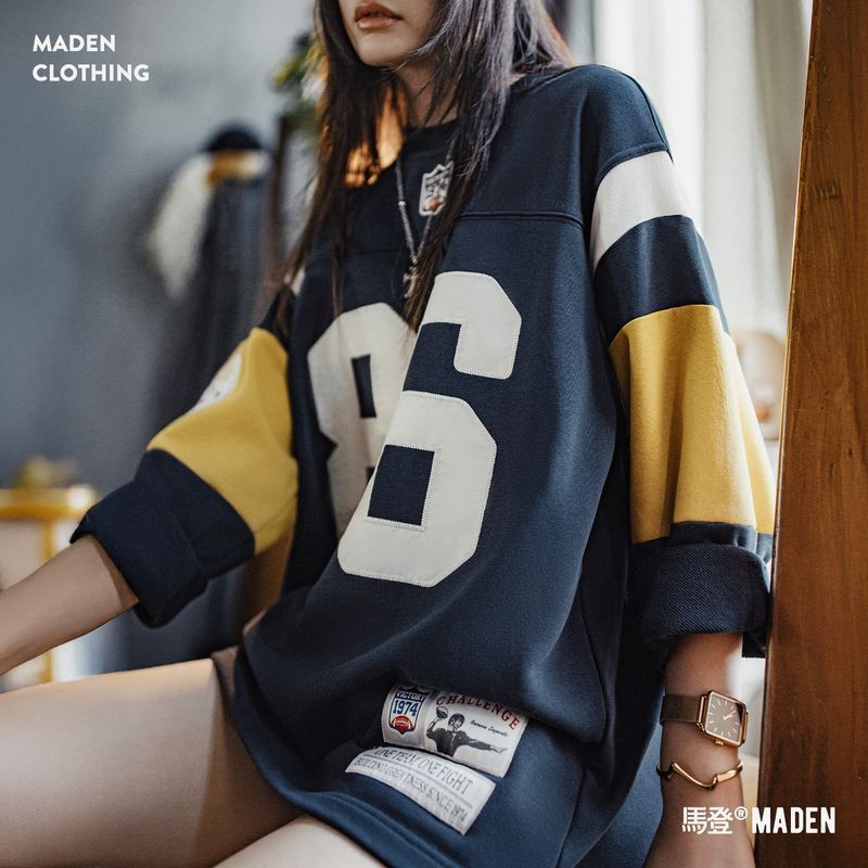 馬登女裝 美式復古橄欖球寬鬆套頭小眾刺繡中長款加厚衛衣外套秋冬
