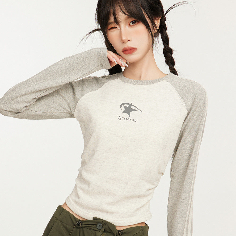 美式辣妹插肩長袖T恤女春秋季內搭打底修身顯瘦純棉上衣