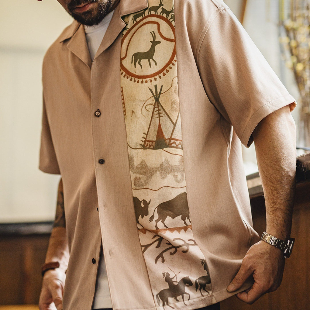 馬登工裝 美式復古印花古巴領襯衫印第安薄款短袖棉襯衣外套男士夏