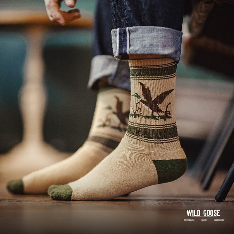 馬登工裝 復古卡通撞色針織中筒襪彈力毛圈棉襪透氣耐磨長襪子秋冬