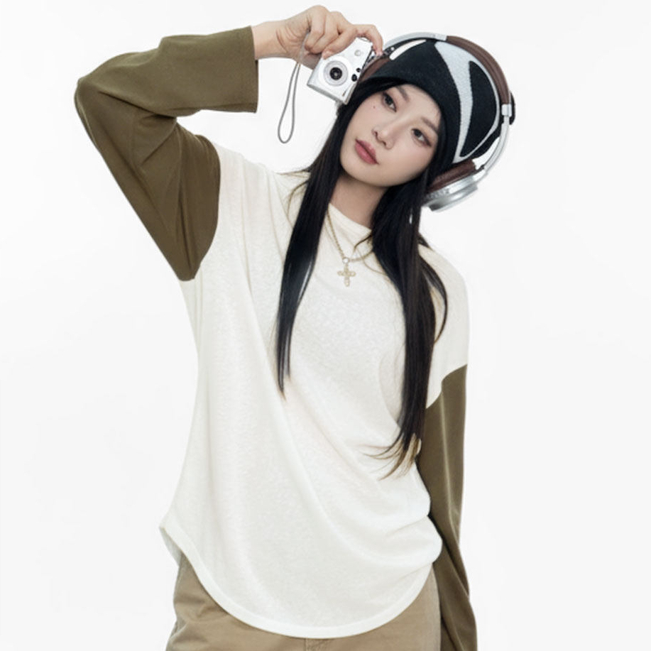 馬登女裝 雪花棉圓領寬鬆輕薄撞色拼接內搭長袖T恤衛衣打底衫上衣女春