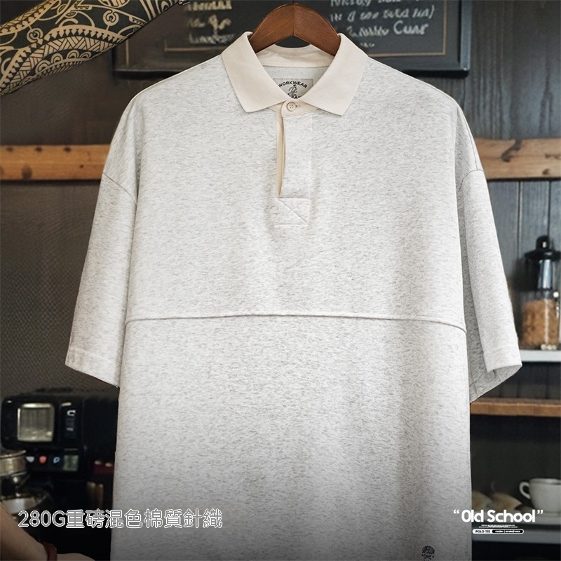 馬登工裝 美式復古重磅針織短袖Polo衫Cleanfit翻領五分袖T恤