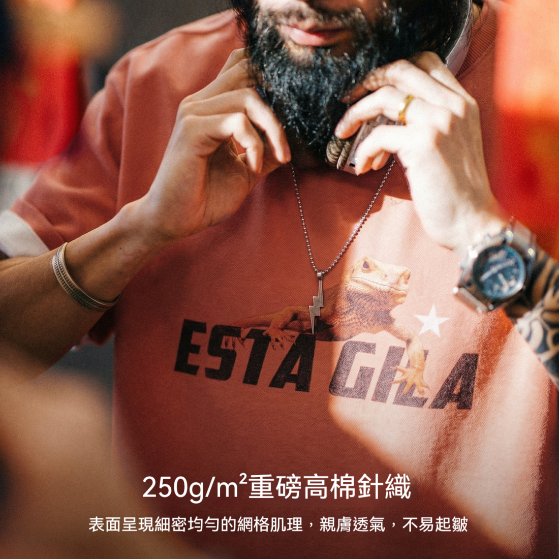 馬登工裝 美式复古印花短袖圓領落日橘紅色針織T恤男款夏季