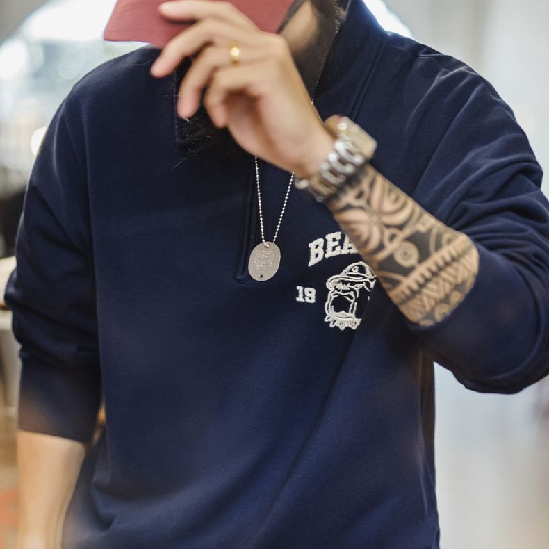 馬登工裝 美式復古立體刺繡半開襟衛衣休閒翻領套頭Polo衫上衣男春秋