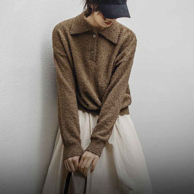 馬登女裝 雅丹風焦糖棕抓絨毛衣摩卡慕斯Polo衫毛茸茸上衣冬女
