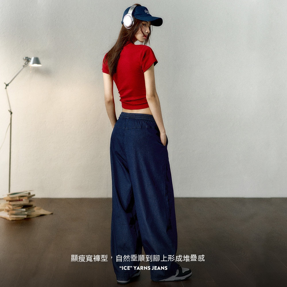 馬登女裝 冰絲牛仔褲鬆緊腰抽繩凉感直筒褲氣質顯瘦長褲