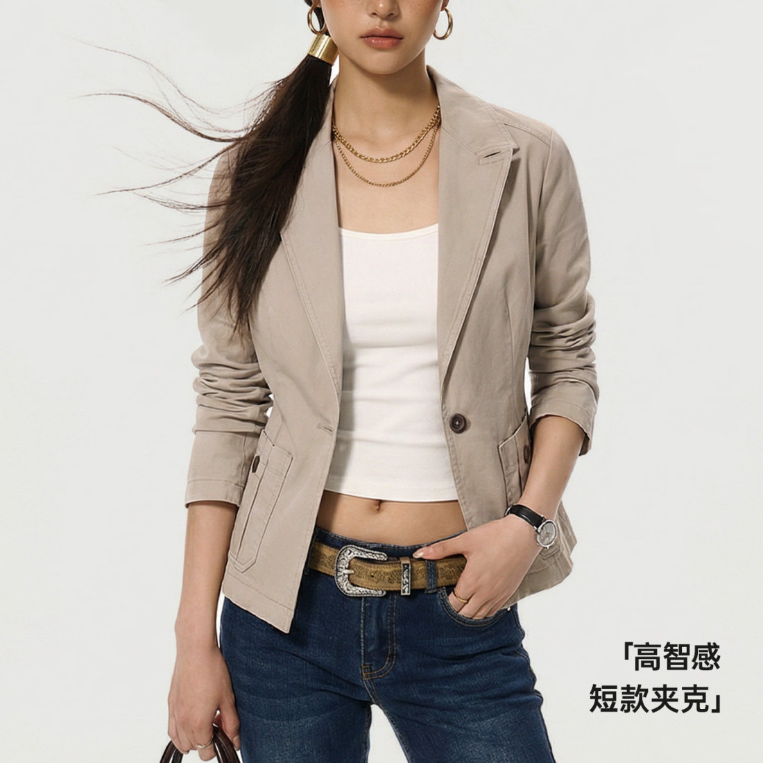 馬登女裝 卡其色戧駁領單排扣休閒正肩收腰修身小西裝短夾克外套女士春