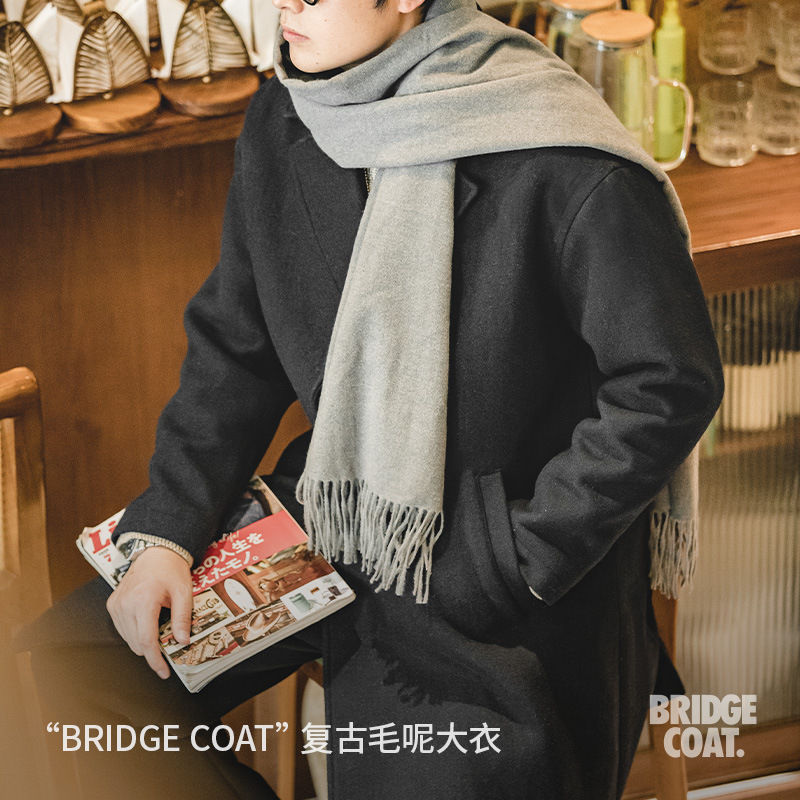 馬登工裝 美式復古羊毛呢子大衣黑色加厚寬松中長款外套男秋冬