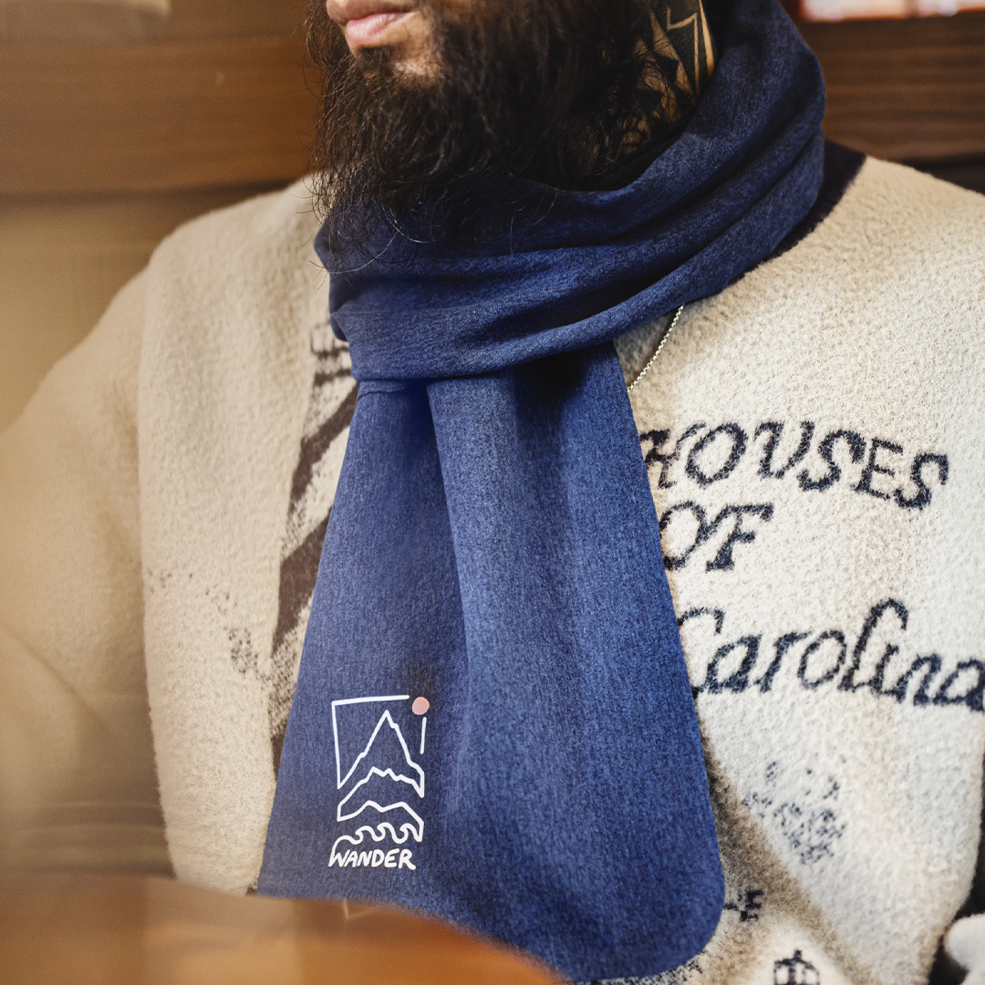 馬登工裝 美式山影藍色印花圍巾保暖長圍脖披肩百搭圍巾秋冬季