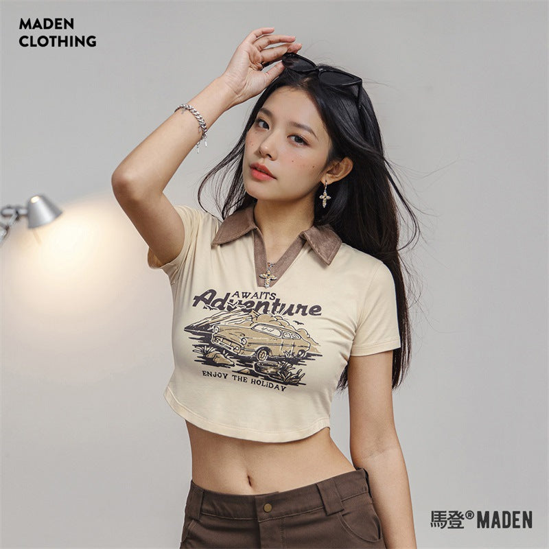 馬登女裝 復古印花Polo衫露腰短款正肩短袖修身顯瘦T恤辣妹鎖骨上衣