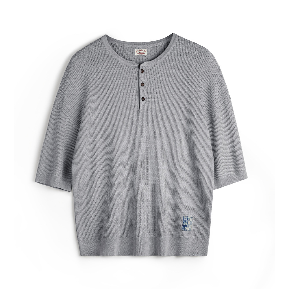 馬登工裝 美式竹節紋亨利衫短袖垂感針織灰色寬鬆半袖T恤春夏