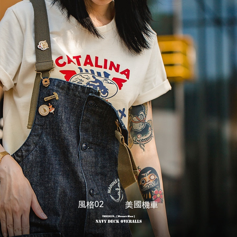 馬登女裝 美式復古重磅連體工裝褲休閒直筒闊腿長褲寬鬆牛仔背帶褲