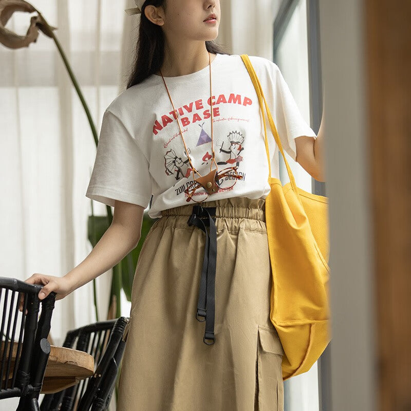 馬登女裝 美式復古印花T恤寬鬆純棉透氣短袖上衣正肩設計打底衫