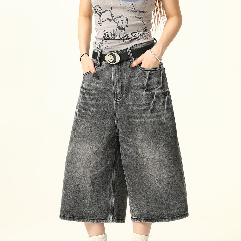 水洗做舊高街七分牛仔褲夏季復古直筒中褲閃電紋潮牌七分褲