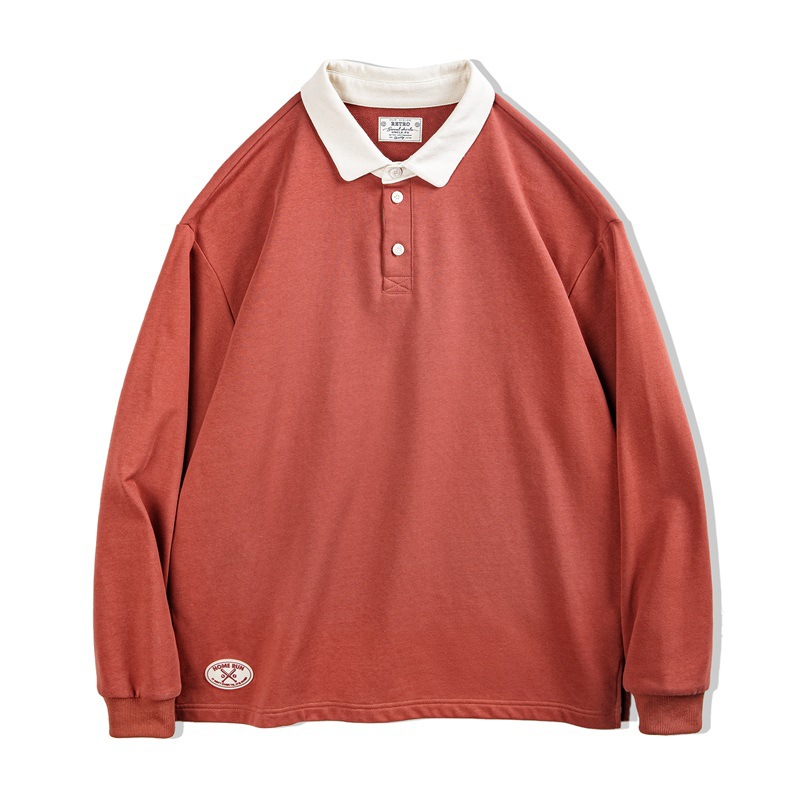 馬登工裝 美式復古針織撞色Polo衛衣學院風寬鬆翻領長袖上衣
