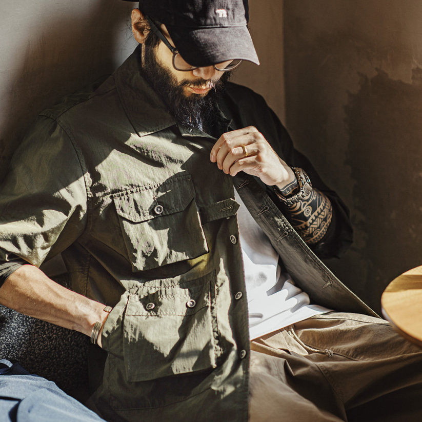 馬登工裝 美式復古獵裝襯衫薄款梭織多口袋軍綠色長袖襯衫外套男春