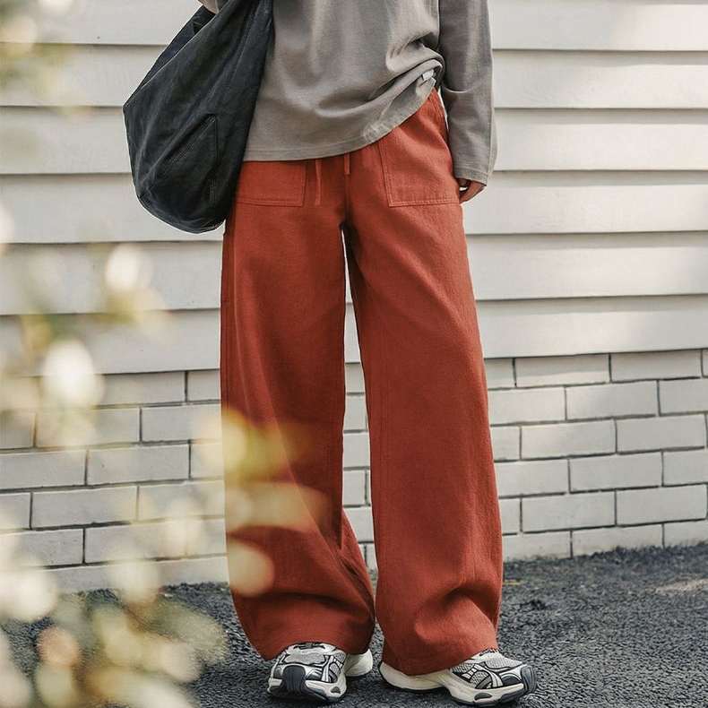 馬登女裝 橘色大口袋薄款鬆緊腰寬鬆直筒伐木工裝褲子純棉休閒長褲