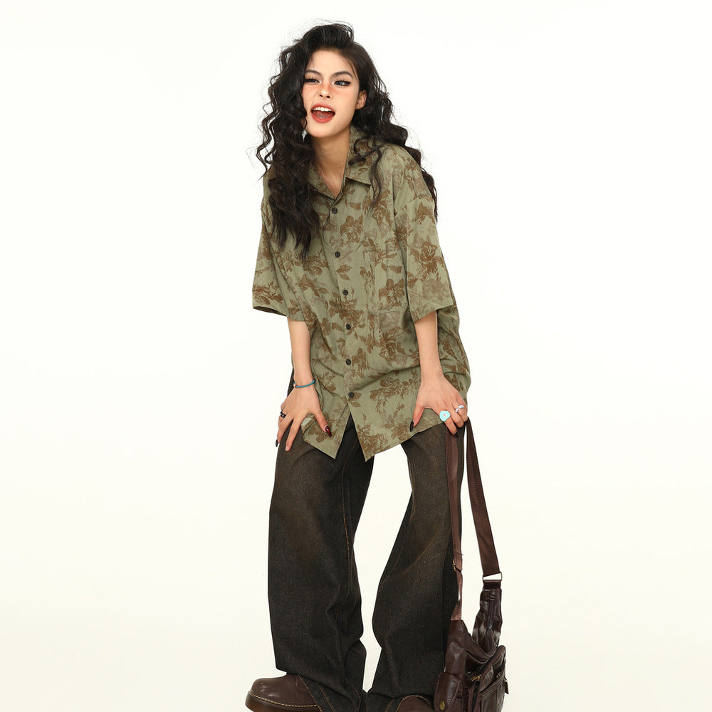 古著感花卉短袖襯衫女美式個性寬鬆潮牌夏季襯衣