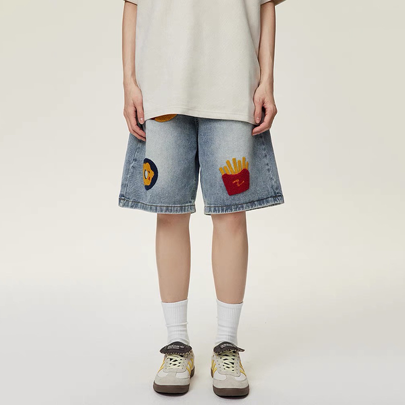 美式街頭做舊創意毛巾繡牛仔短褲男女潮牌高街直筒五分褲
