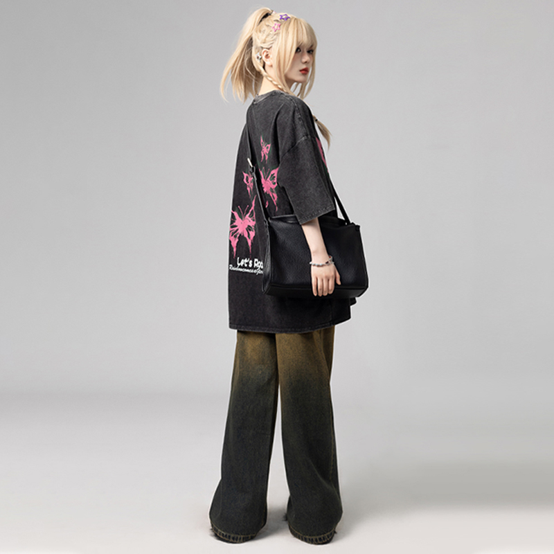 美式復古哥特風蝴蝶印花Chic寬鬆T恤潮流設計感情侶短袖上衣