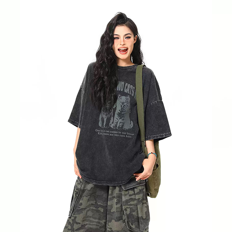 美式復古黑貓印花短袖T卹夏季寬鬆水洗做舊潮牌情侶Tee