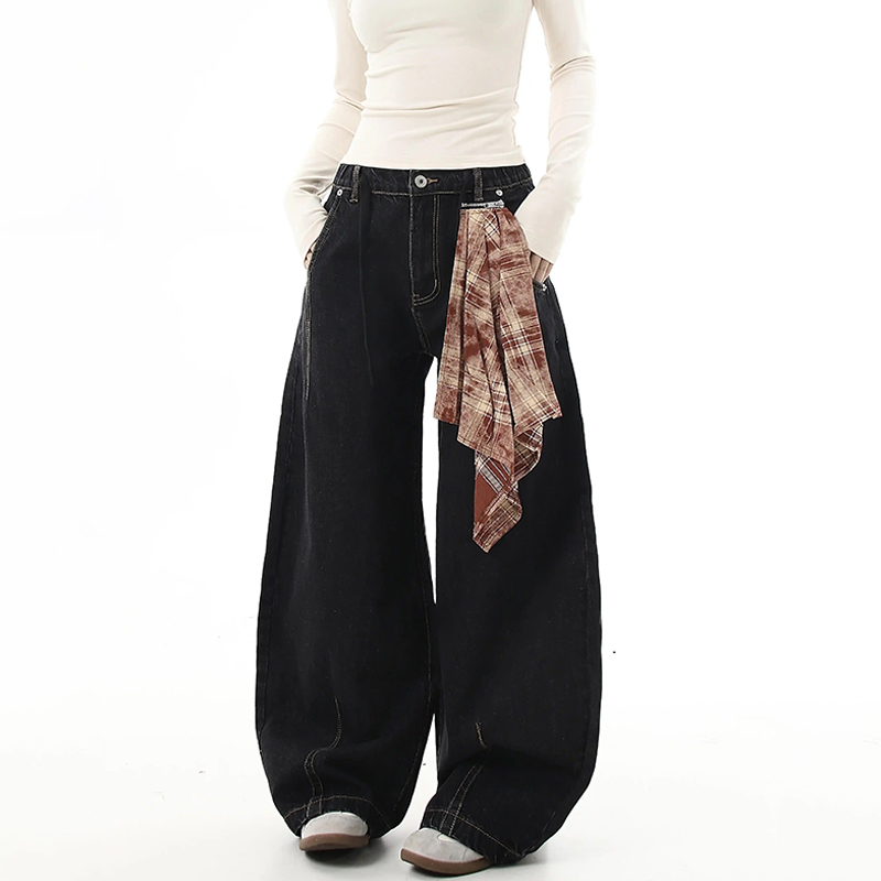 美式復古丹寧原色彎刀牛仔褲可拆式方巾寬褲休閒褲