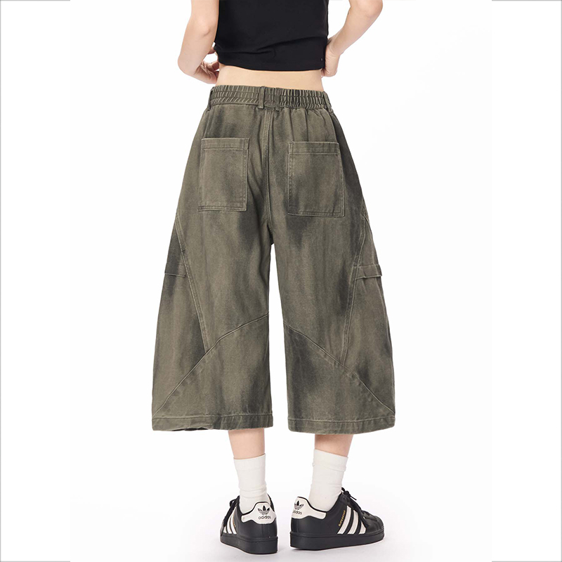 美式復古做舊髒染工裝七分褲男女高街潮牌休閒褶皺設計感寬褲