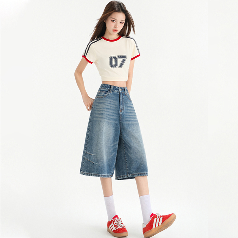 美式復古高腰顯瘦寬鬆褶皺七分褲做舊設計感七分闊腿牛仔褲