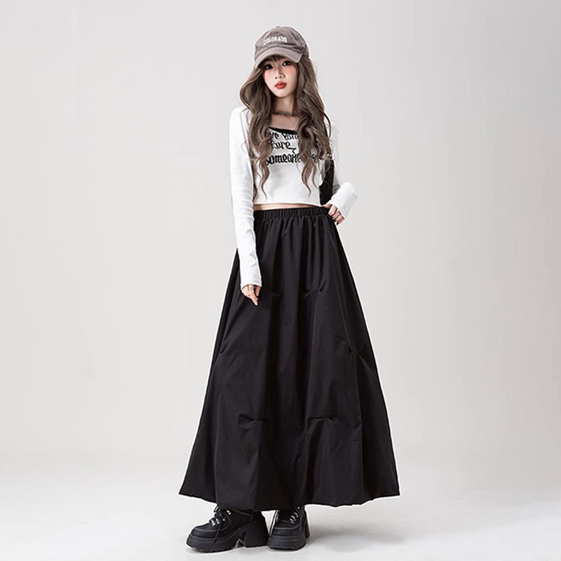 美式復古咖色褶皺花苞半身裙春夏高腰辣妹A字長裙