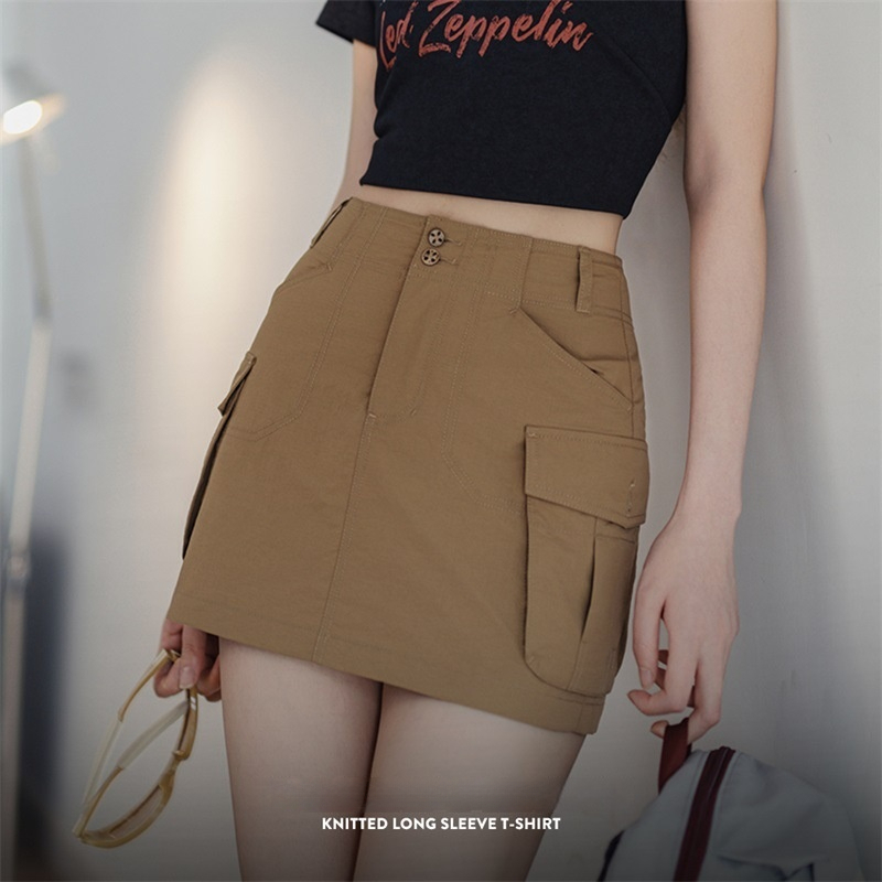 馬登女裝 卡其色工裝短裙美式復古辣妹修身半裙百搭顯瘦A字包臀裙