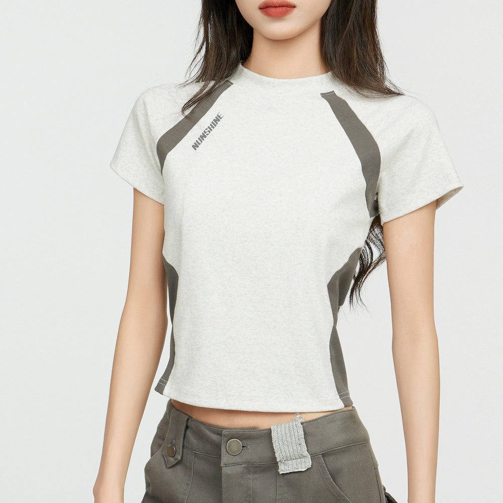 美式拼色正肩短袖T恤女夏季修身設計感小眾辣妹運動短款上衣