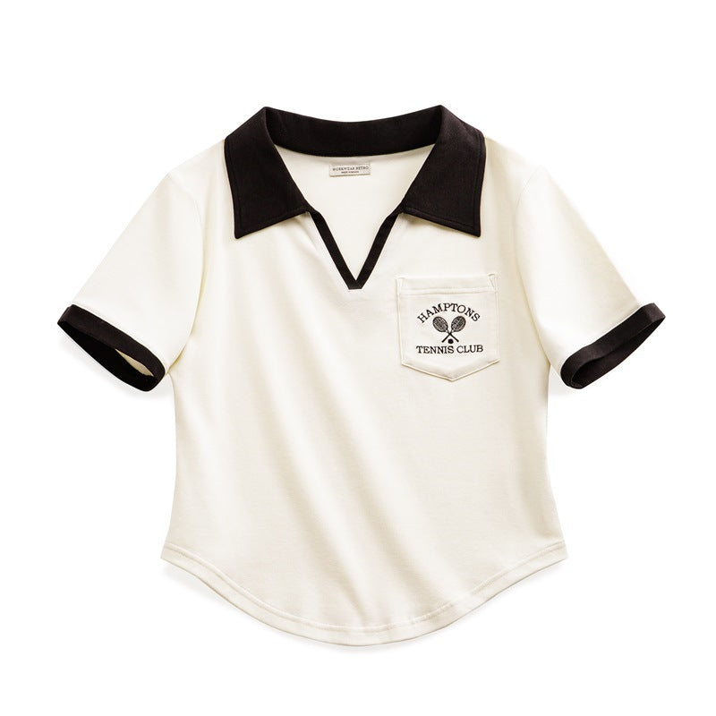 馬登女裝 復古刺繡V領Polo衫修身顯瘦口袋T恤小眾設計感撞色上衣