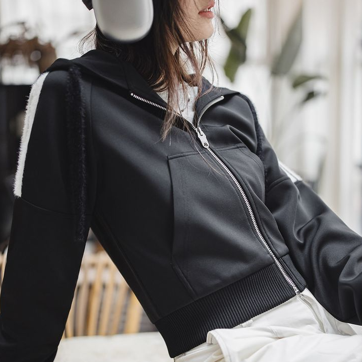 馬登女裝 空氣層hoodie開衫外套條紋毛絨拼接衛衣運動上衣