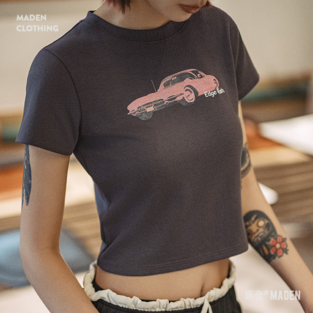 馬登女裝 美式復古賽車印花T恤短款千禧辣妹修身正肩百搭短袖夏季