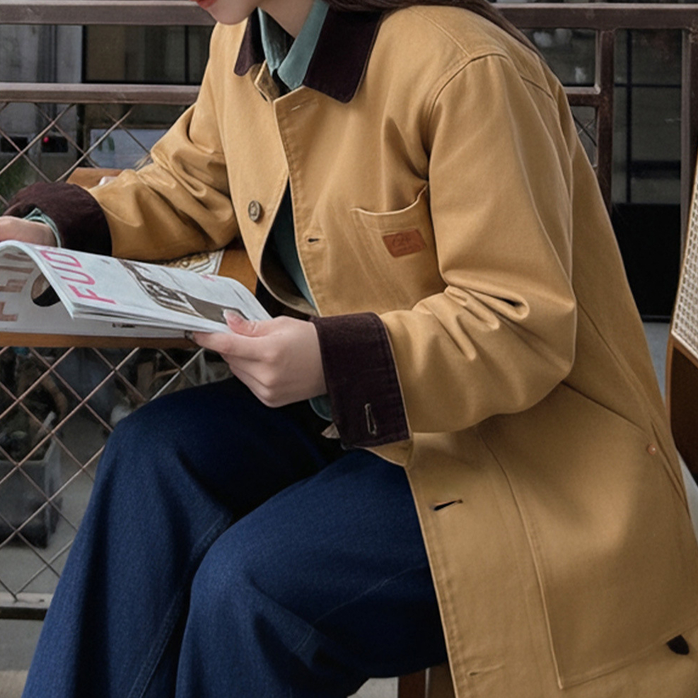 馬登女裝 美式復古密歇根風衣卡其色巴恩風中長款廓形夾克外套女士秋冬