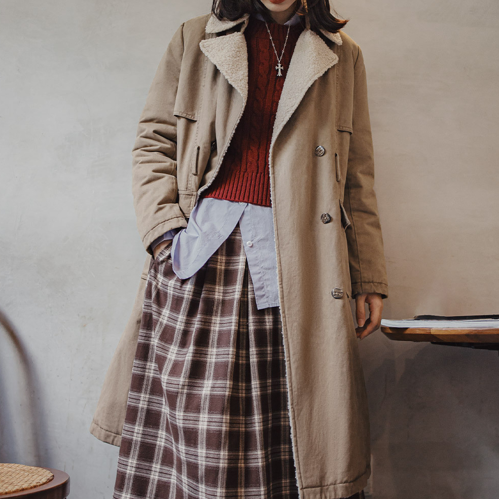 馬登女裝 中長款雙排扣收腰戰壕風衣仿羊羔毛大衣棉服加厚外套秋冬