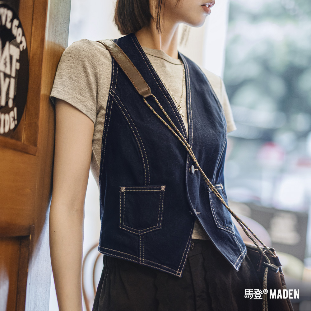 馬登女裝 美式疊穿無袖V領背心開衫馬甲修身外穿坎肩露背掛脖短上衣