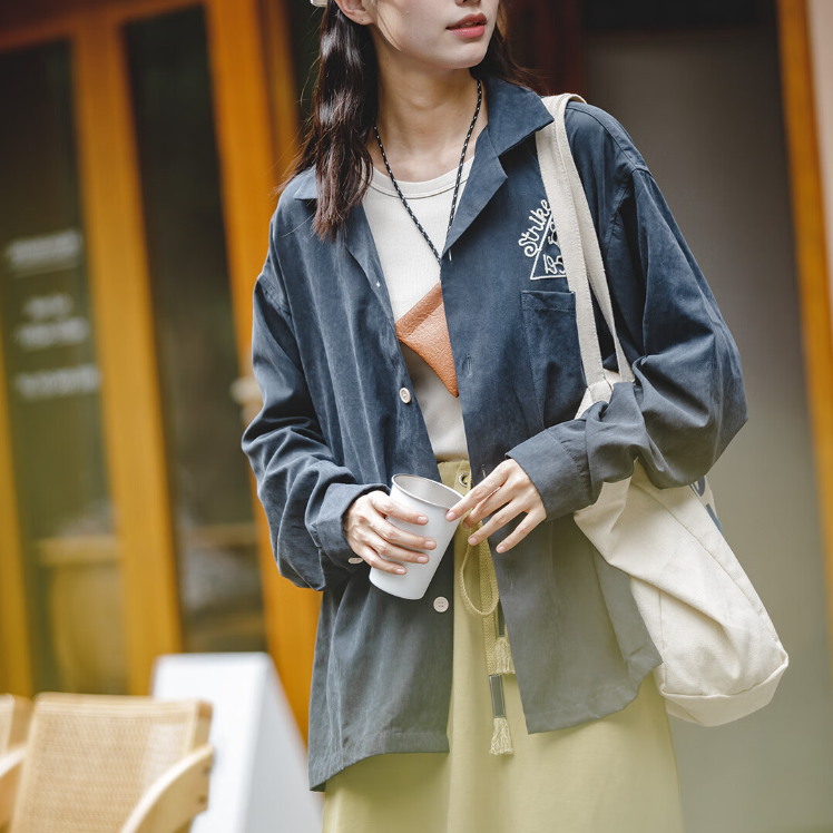 馬登女裝 美式復古磨毛刺繡桃皮絨襯衫寬鬆翻領保齡球襯衣女潮