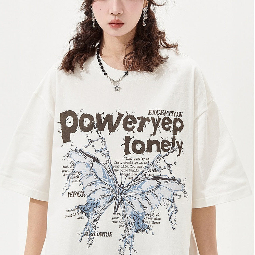 蝴蝶印花短袖T恤女復古潮牌寬鬆情侶裝上衣