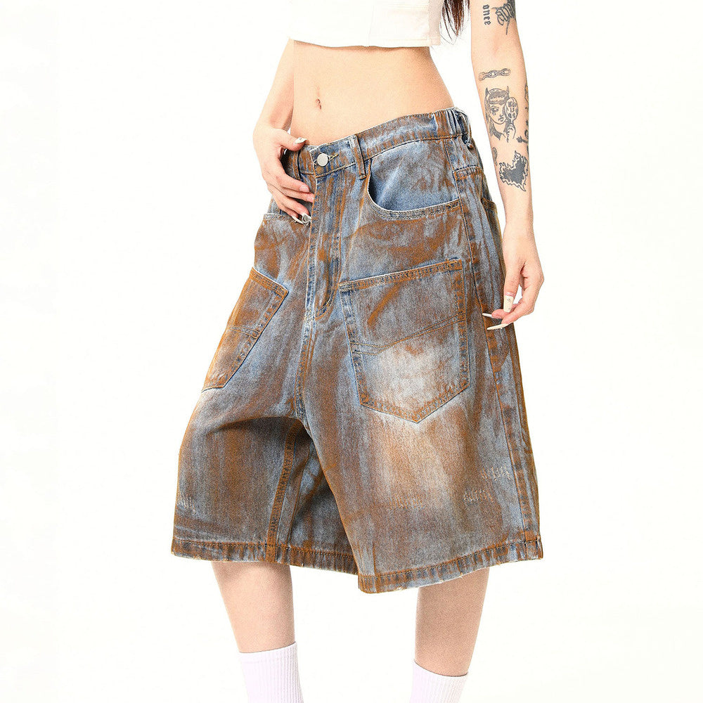 美式復古高街髒染廢土風口袋設計感牛仔短褲寬鬆七分褲