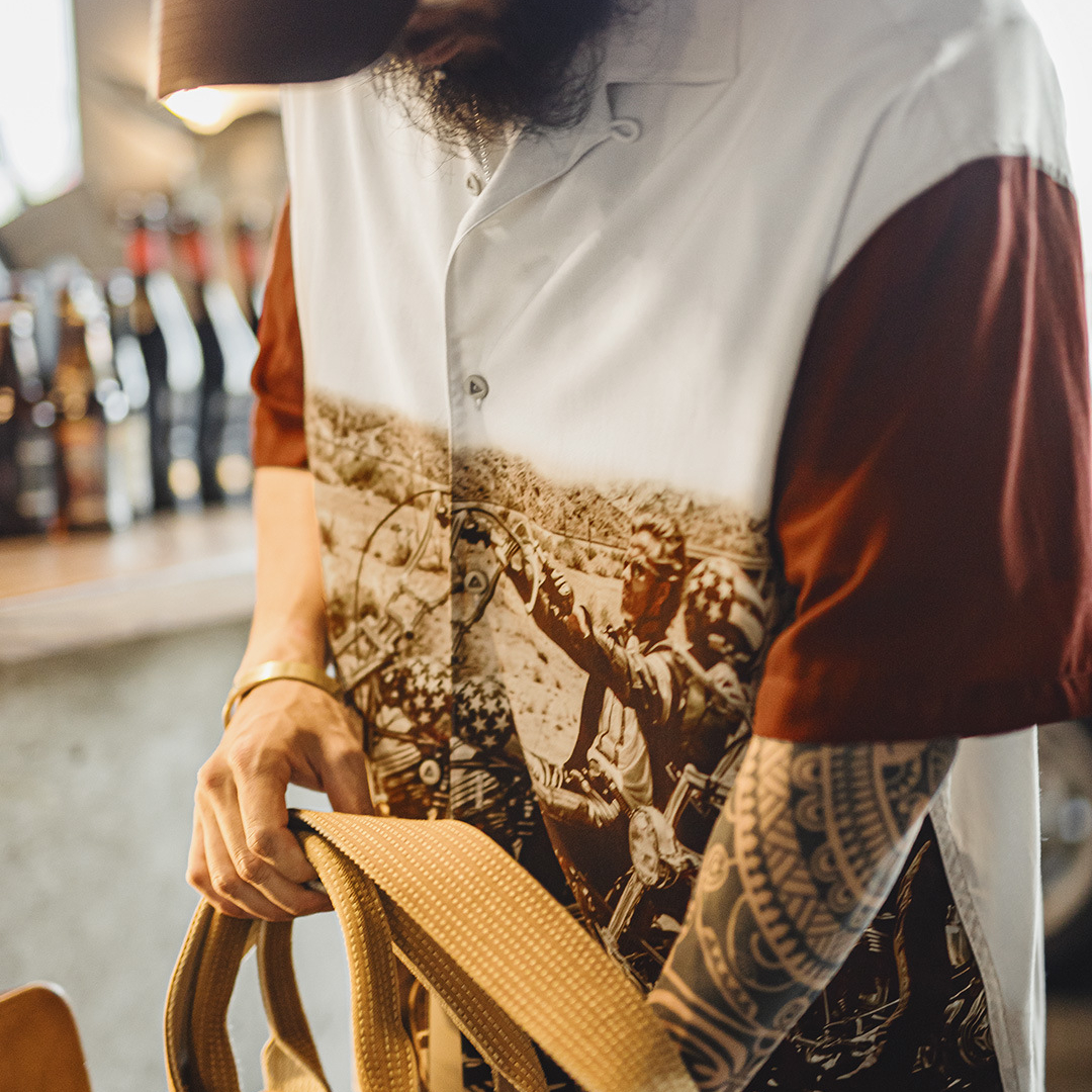 馬登工裝 美式復古撞色古巴領襯衫垂感滿印花襯衣薄款短袖外套男夏