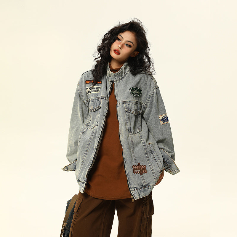 美式復古牛仔外套男女秋季寬鬆休閒vintage立領機車服情侶外套