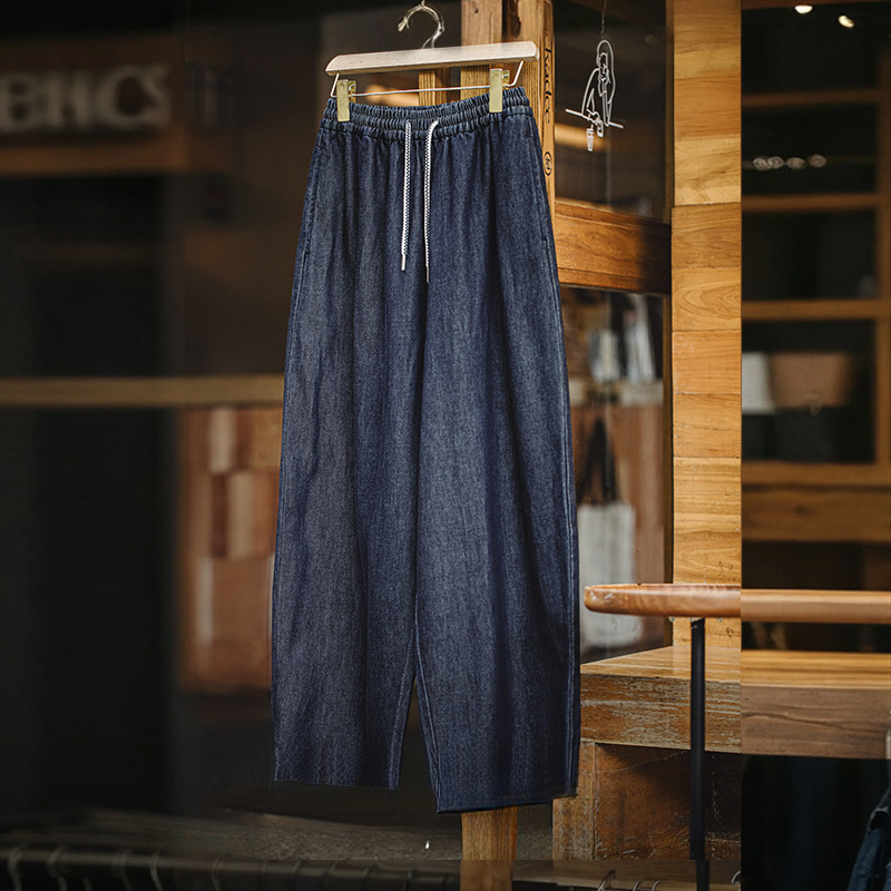 馬登女裝 復古冰皮香蕉牛仔褲凉感柔軟蘿蔔褲鬆緊腰抽繩褲子