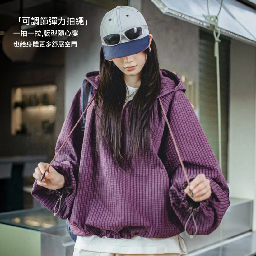馬登女裝 美式泡泡紗連帽半開襟工裝衛衣套頭衫寬鬆機能風上衣女士春