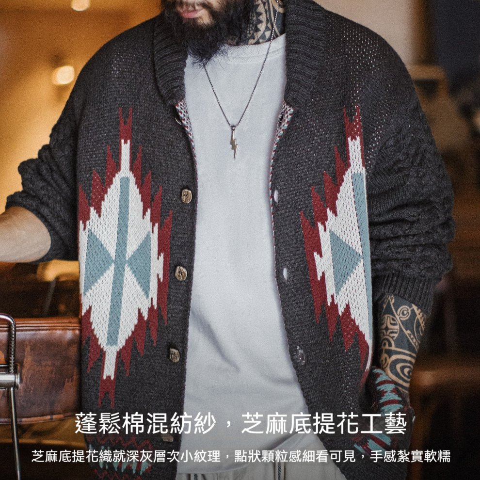 馬登工裝 美式復古考津毛衣外套印第安青果領開衫針織毛衫男秋冬