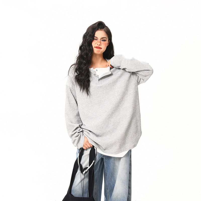 美式復古高級感假兩件長袖打底衫女秋季百搭潮流設計感上衣