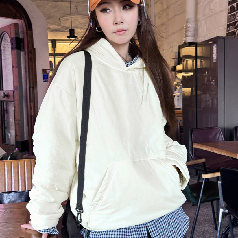 馬登女裝 黑白色寬鬆廓形加厚保暖套頭空氣絨棉服連帽衛衣夾克外套秋冬