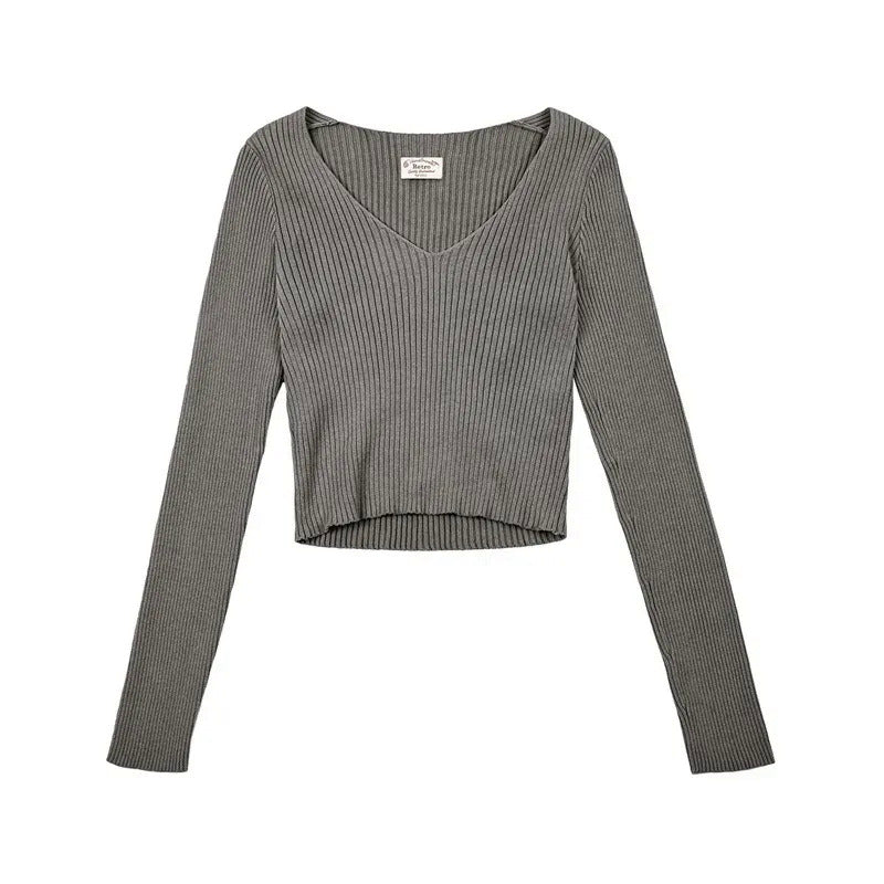 馬登女裝 美式復古針織衫純棉內搭外穿V領短款打底衫修身上衣