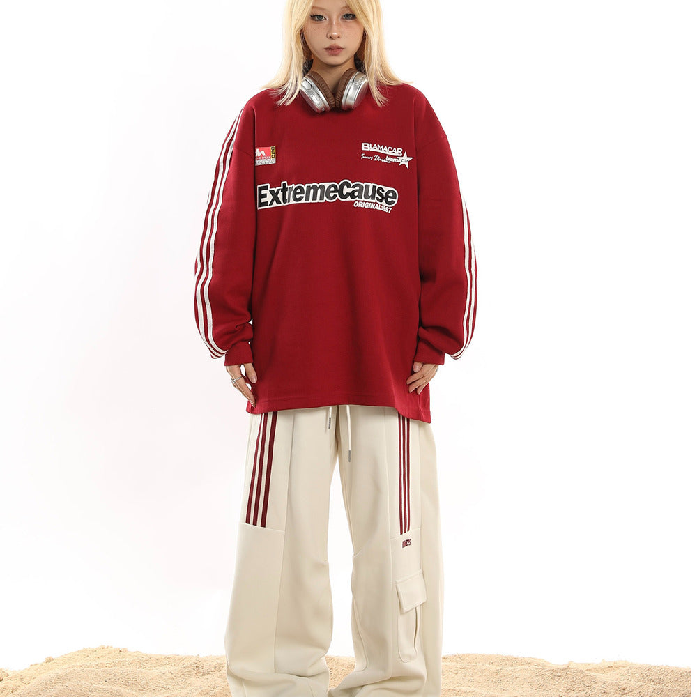 美式休閒運動衛褲女潮牌復古三條杠hiphop垂感闊腿工裝褲