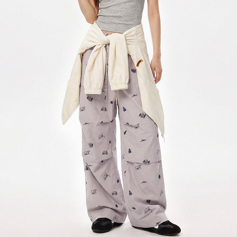 馬登女裝 純棉薄款直筒闊腿山系傘兵褲鬆緊腰印花休閒工裝長褲子女士春